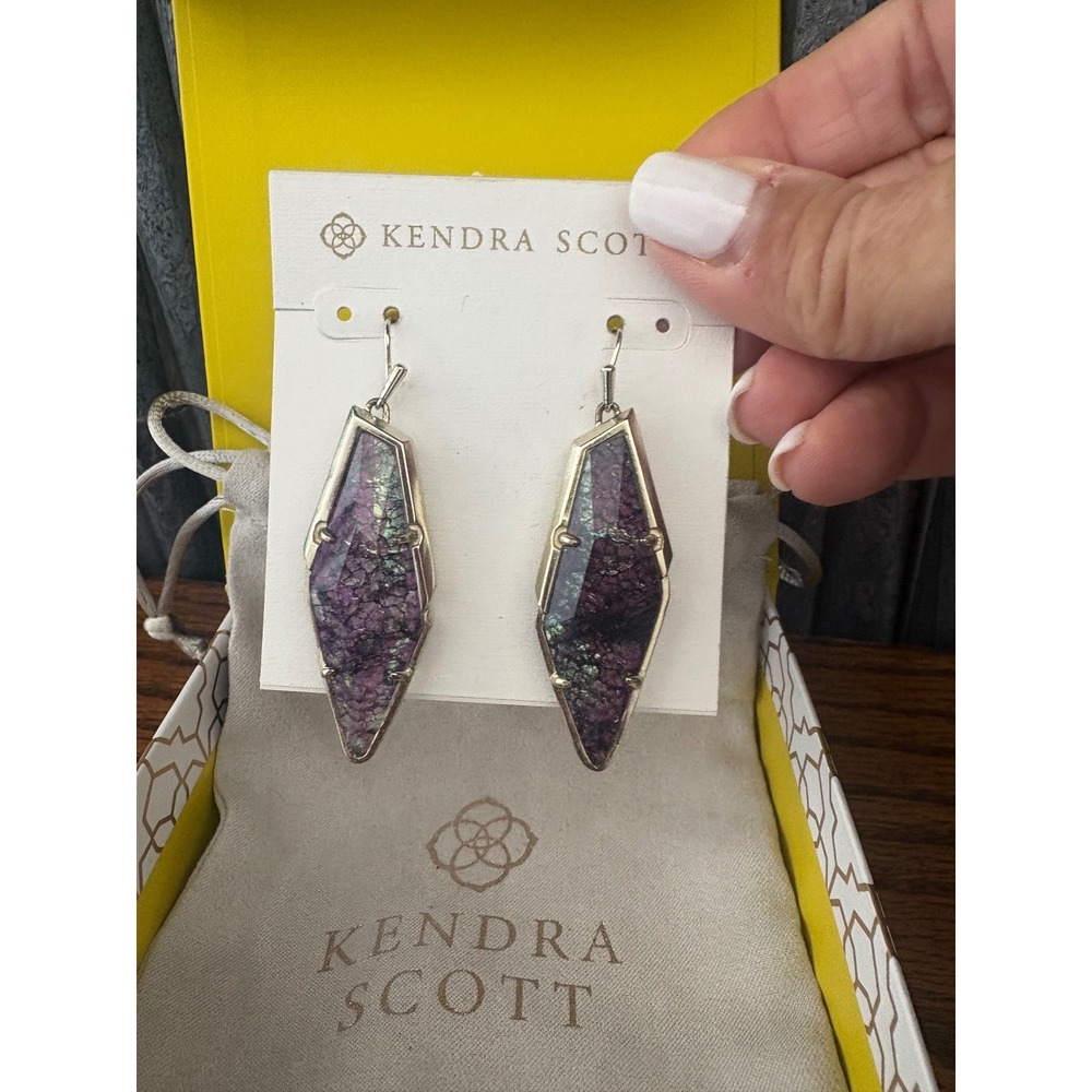 Kendra Scott Purple Stone Elongated Diamond Drop Earrings Silver Tone with Box - Picture 2 of 5